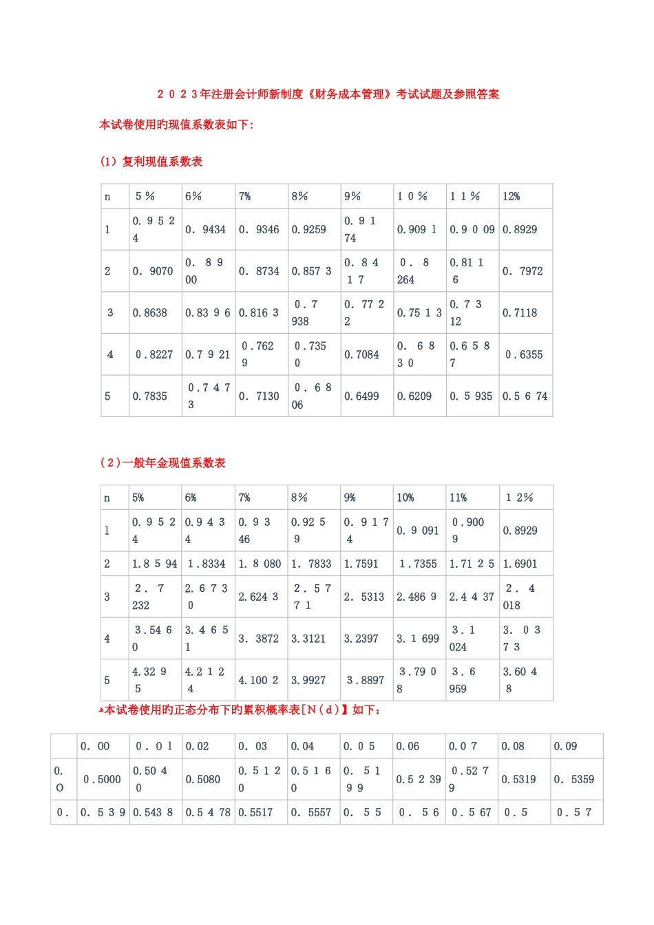 2025年注册会计师新制度财务成本管理考试试题及参考答案_第1页