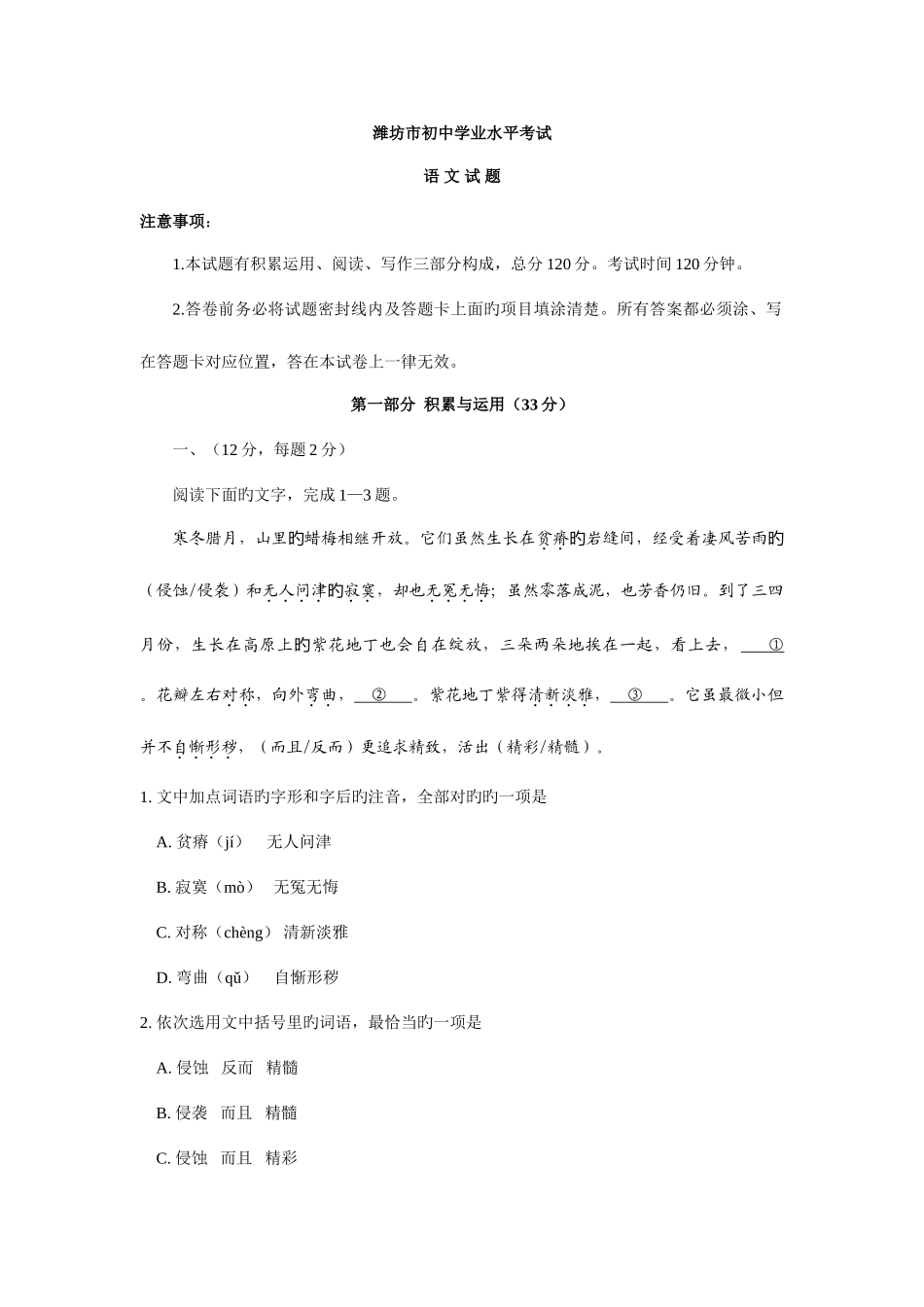 2025年潍坊市中考语文试卷及答案真题_第1页
