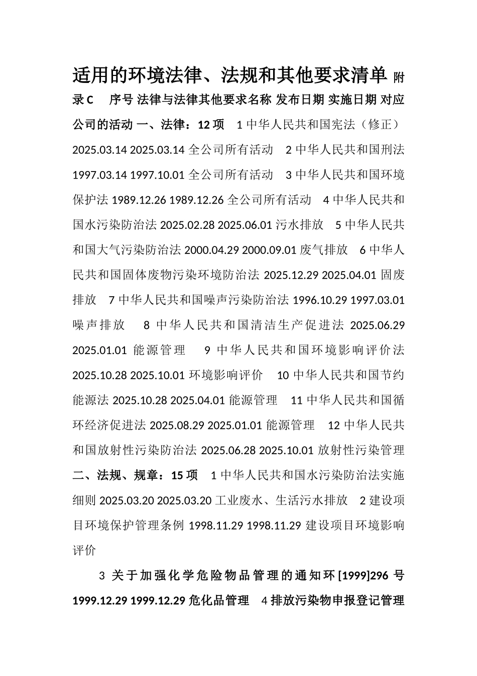 2025年环境与职业健康安全法律、法规和其他要求清单_第1页