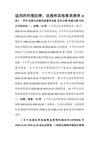2025年环境与职业健康安全法律、法规和其他要求清单