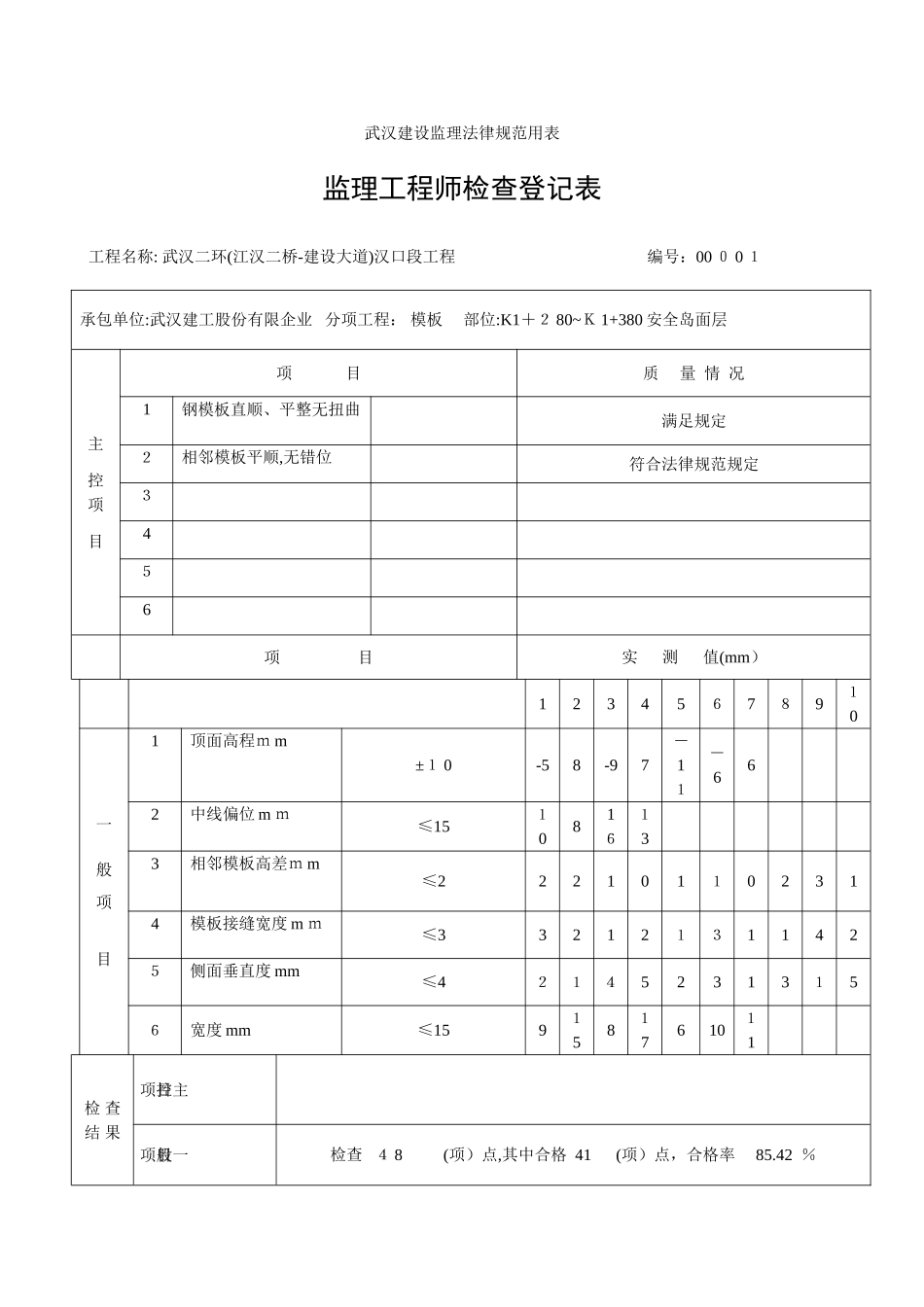 2025年监理工程师检查记录表大里程安全岛_第1页