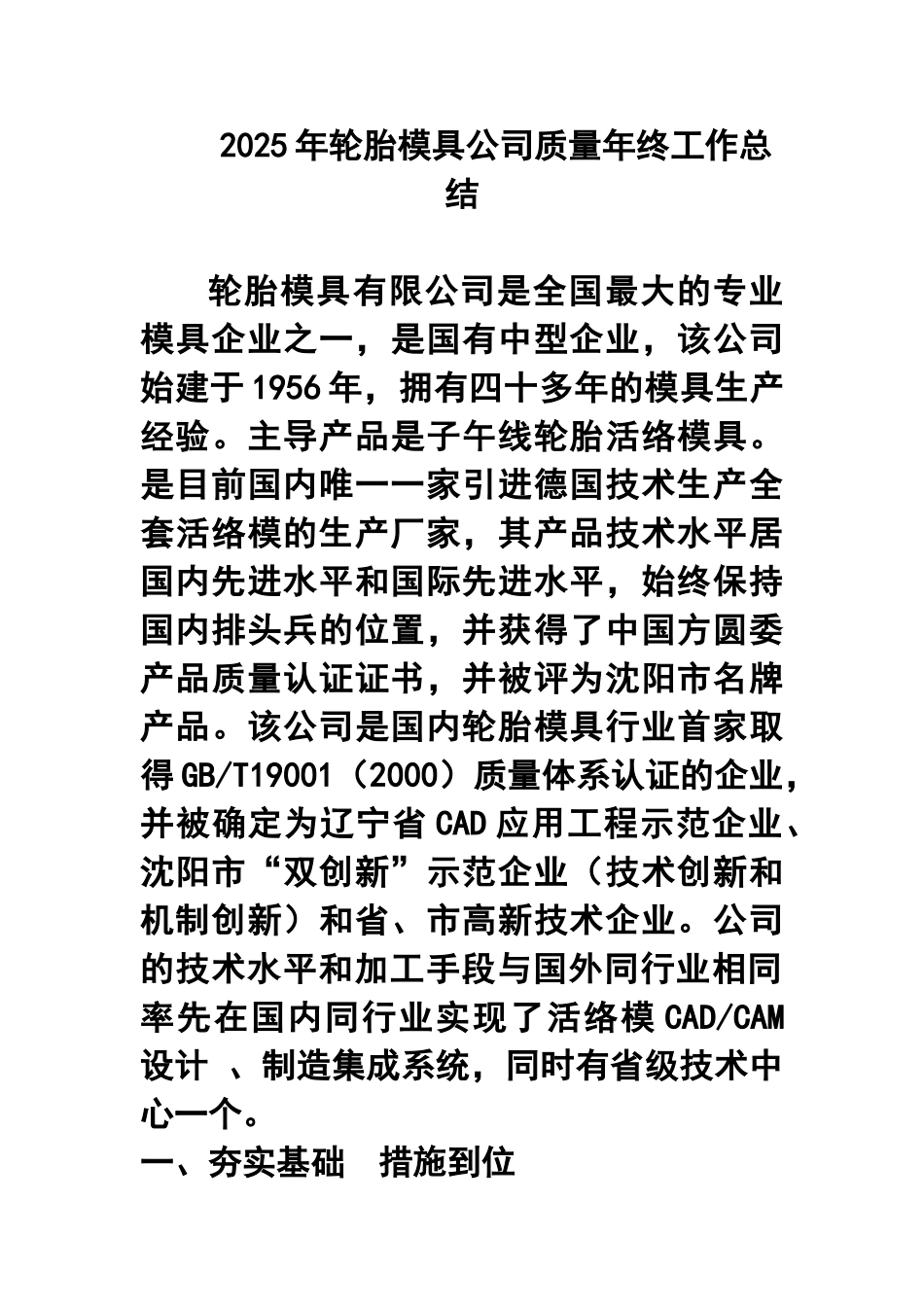 2025年轮胎模具公司质量年终工作总结-精品_第1页