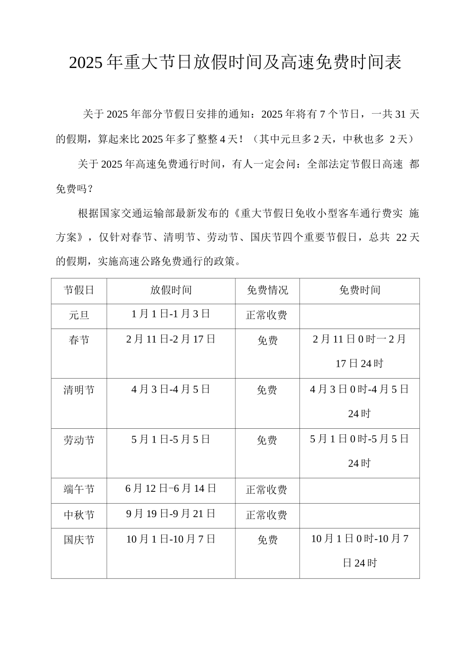 2025年重大节日放假时间及高速免费时间表_第1页