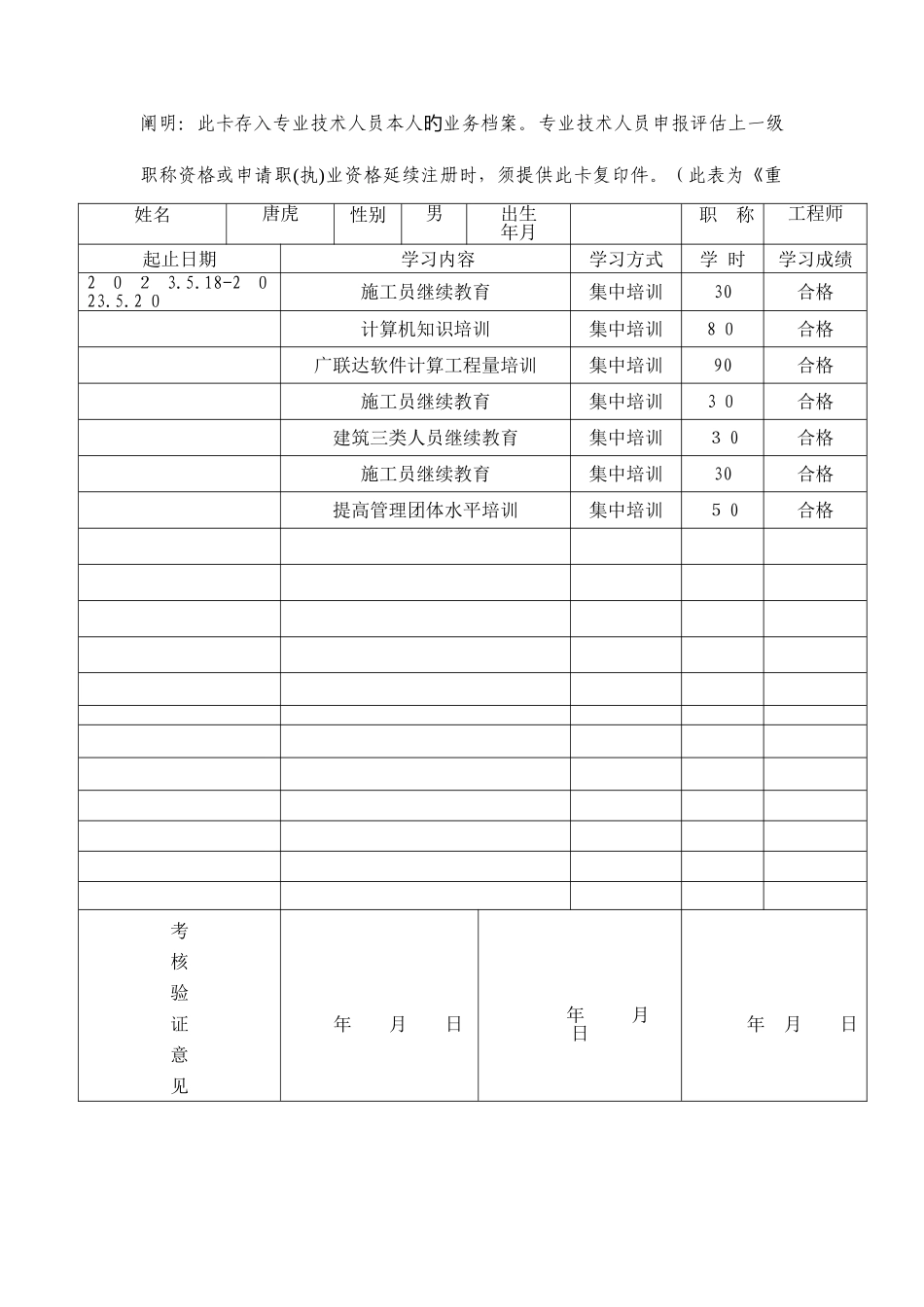 2025年重庆市专业技术人员继续教育登记卡_第2页