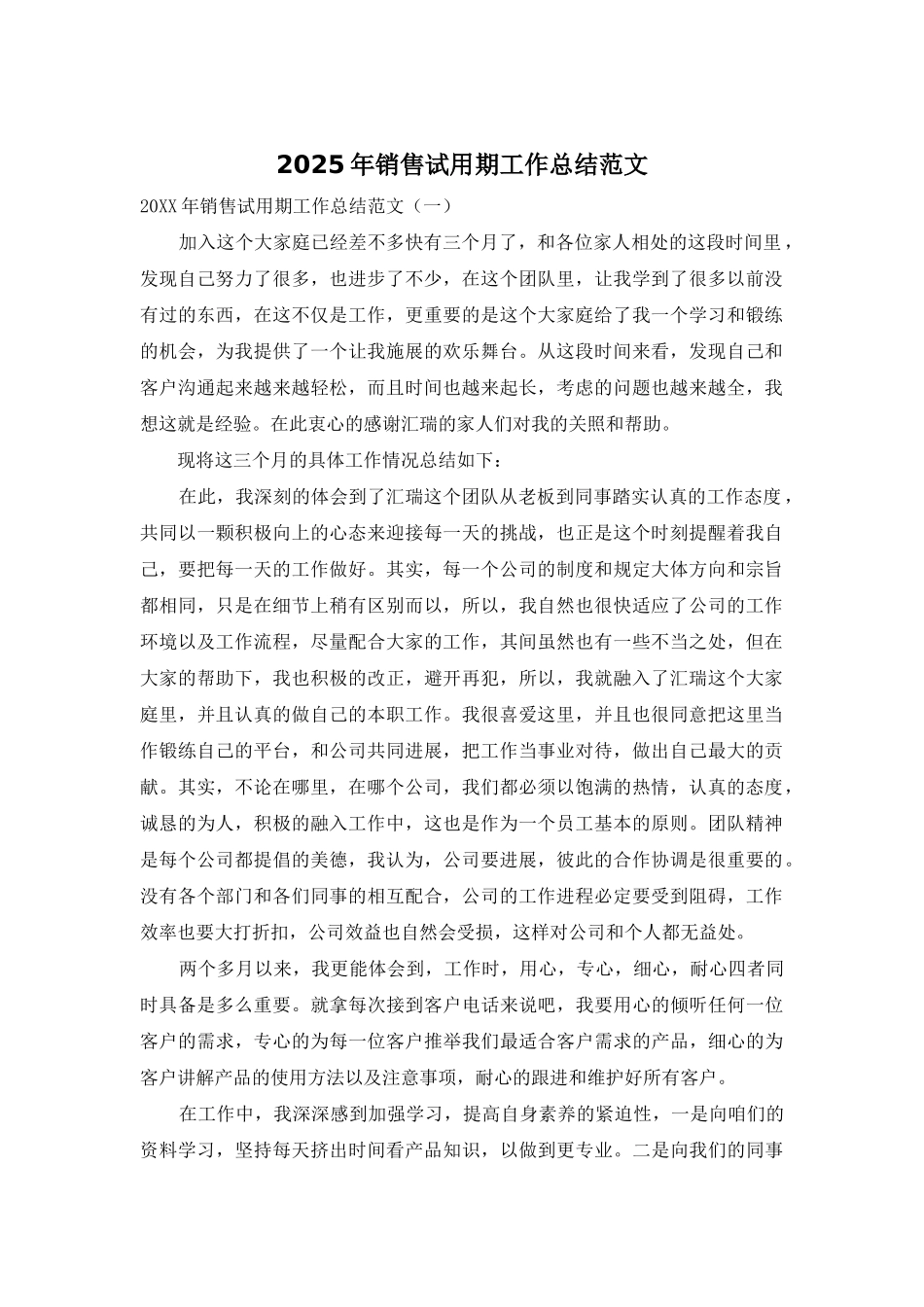 2025年销售试用期工作总结范文_第1页