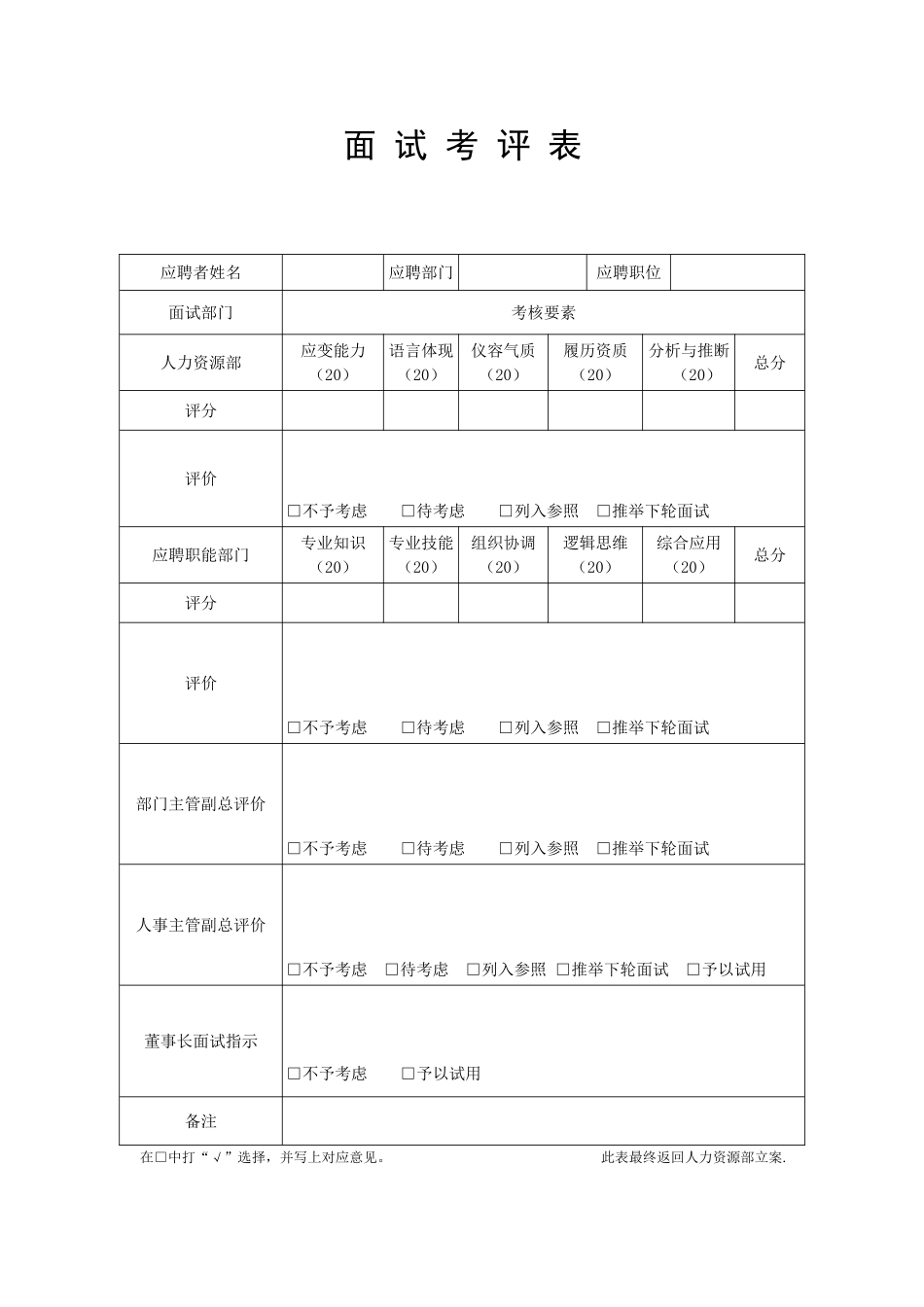 2025年面试考评表_第1页