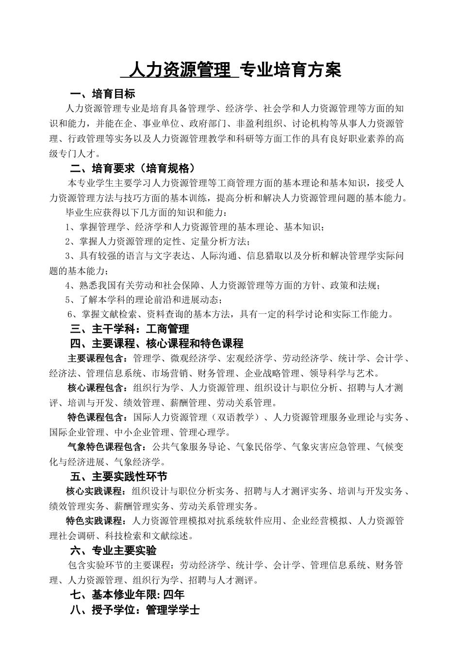 43-人力资源管理专业2025版培养方案模板20251029_第1页