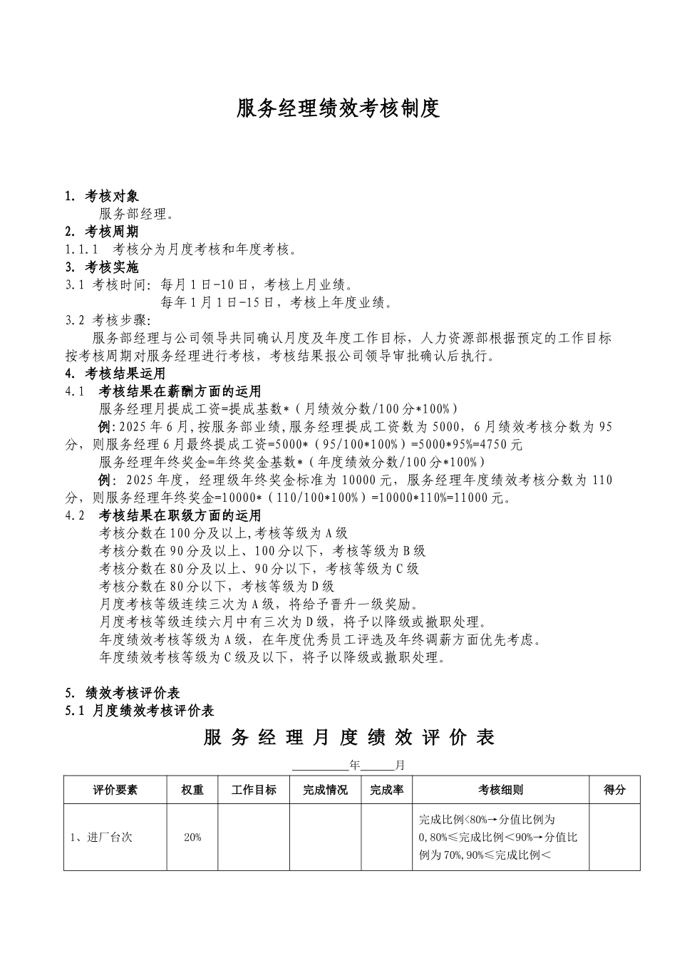 4S店服务经理绩效考核制度_第1页