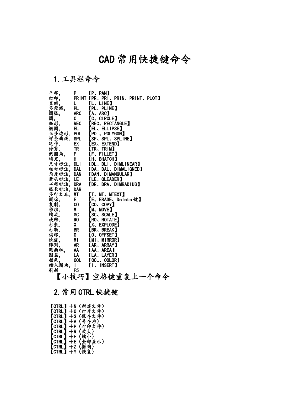 CAD常用快捷键命令_第1页