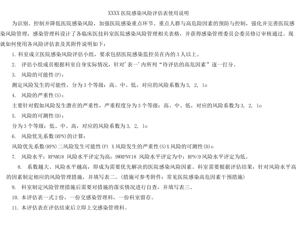 ICU医院感染风险评估表使用说明_第1页