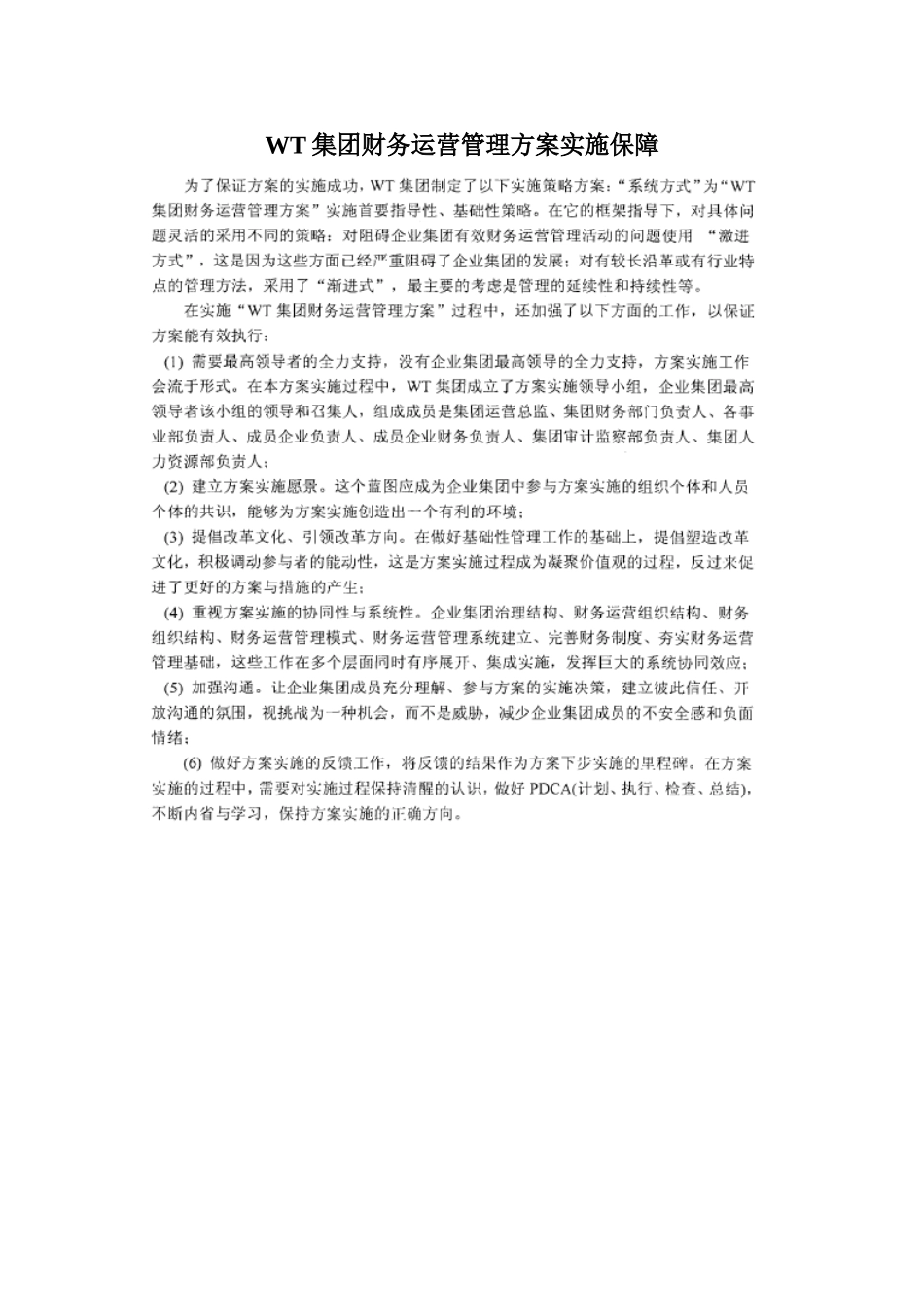 WT集团财务运营管理方案实施保障_第1页