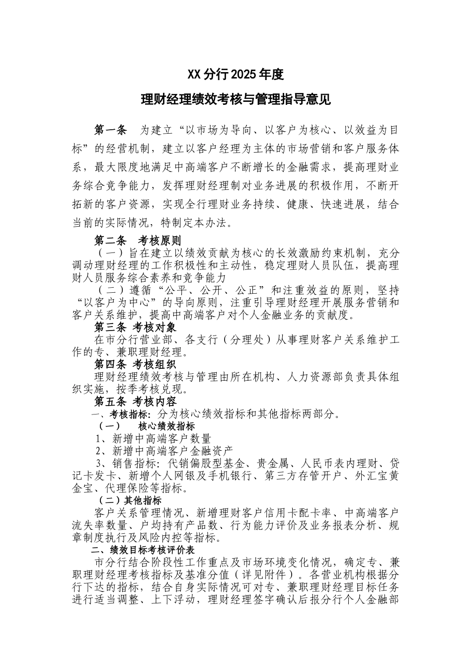 XX分行2025年度理财经理绩效考核与管理指导意见_第1页