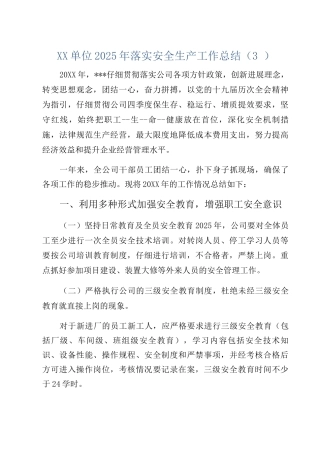 XX单位2025年落实安全生产工作总结