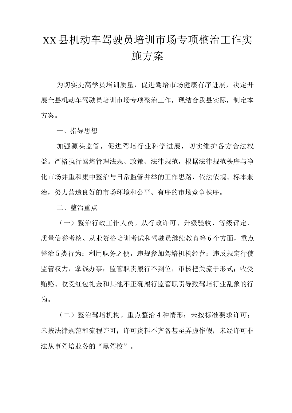 XX县机动车驾驶员培训市场专项整治工作实施方案_第1页