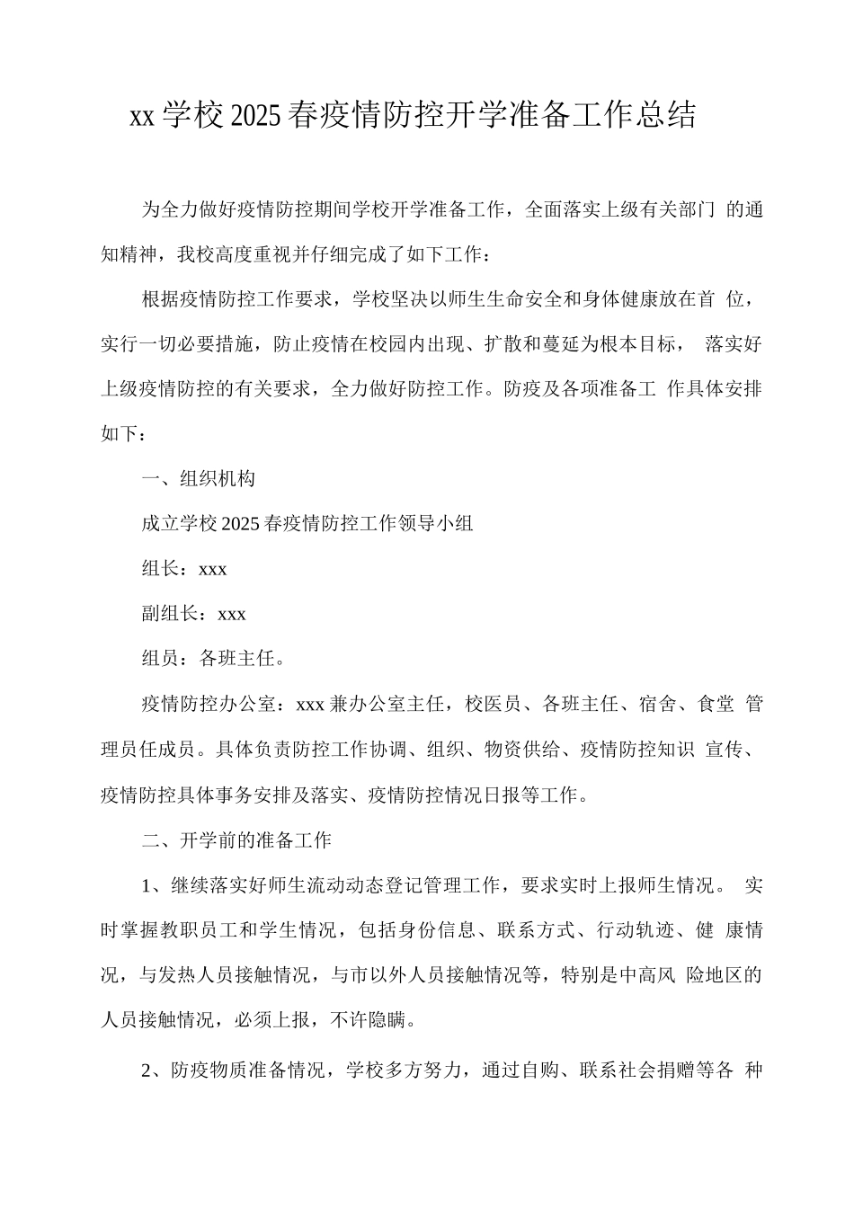 xx学校2025春疫情防控开学准备工作总结_第1页