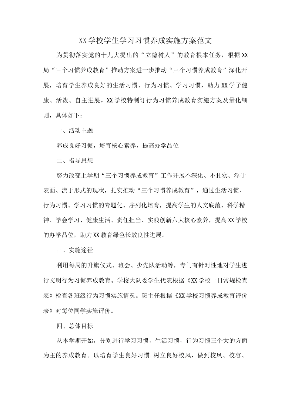 XX学校学生学习习惯养成实施方案范文_第1页