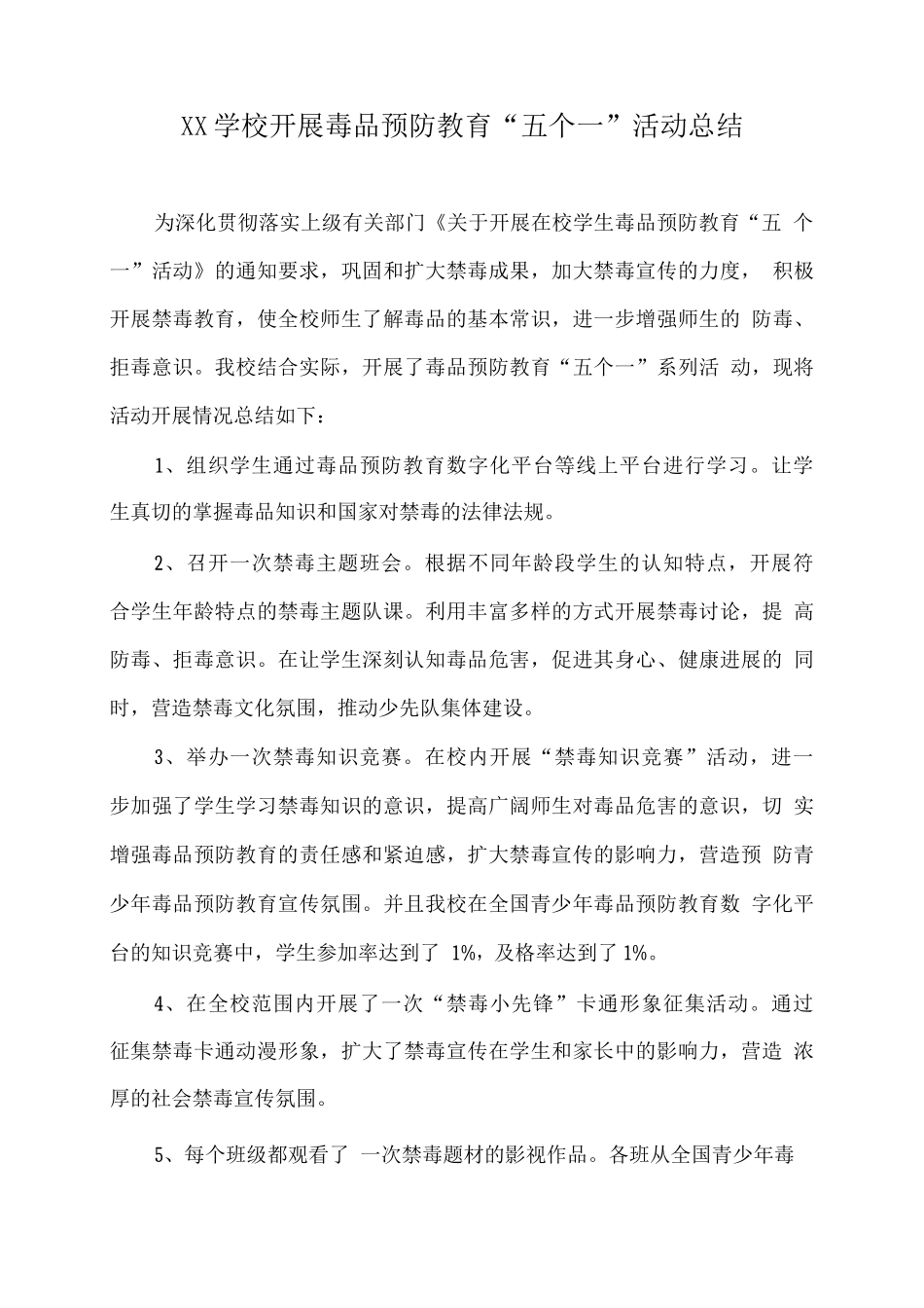 XX学校开展毒品预防教育“五个一”活动总结_第1页