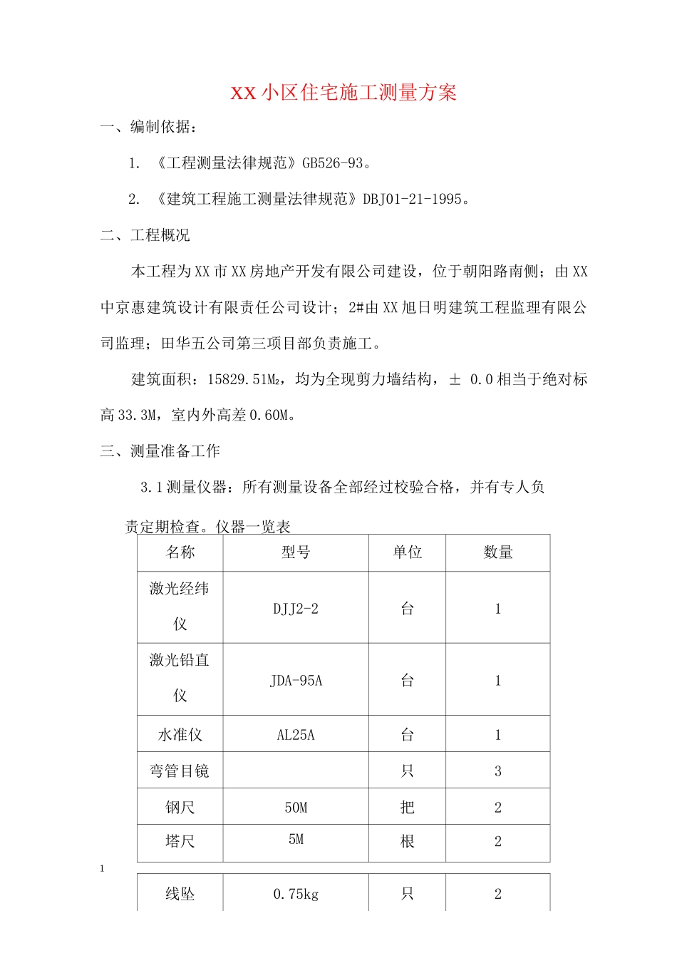 XX小区住宅施工测量方案_第1页