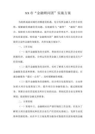 XX市“金融顾问团”实施方案