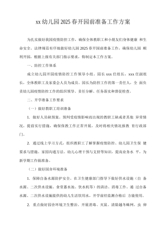 xx幼儿园2025春开园前准备工作方案