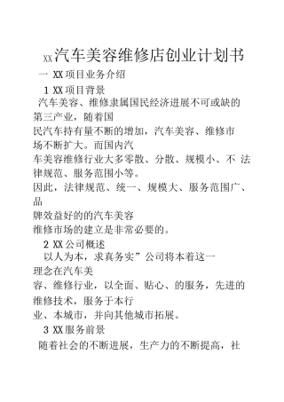 XX汽车美容维修店创业计划书