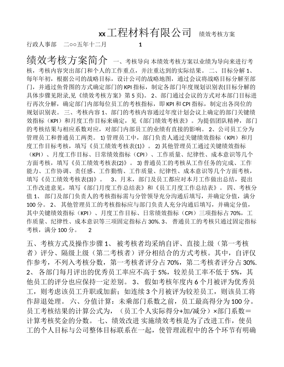 ××工程材料有限公司绩效考核方案_第1页