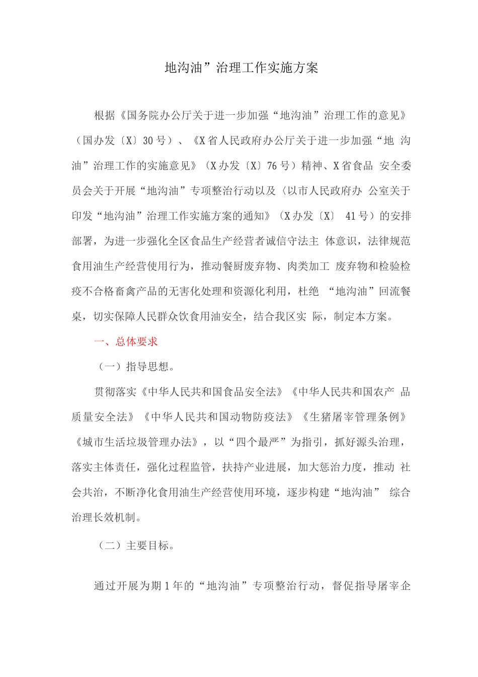 “地沟油”治理工作实施方案_第1页