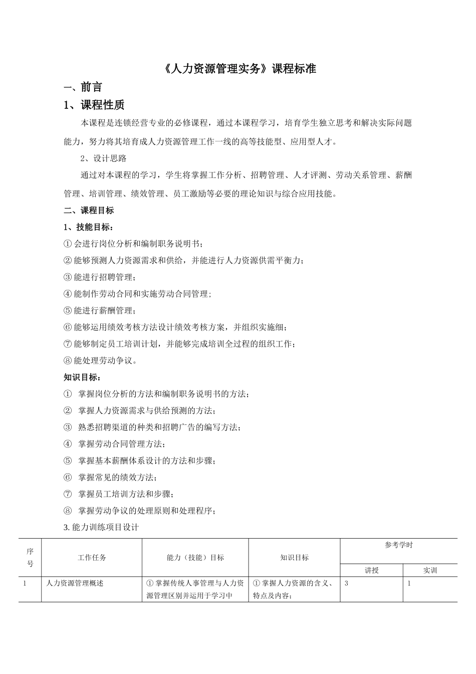 《人力资源管理实务》课程标准_第1页