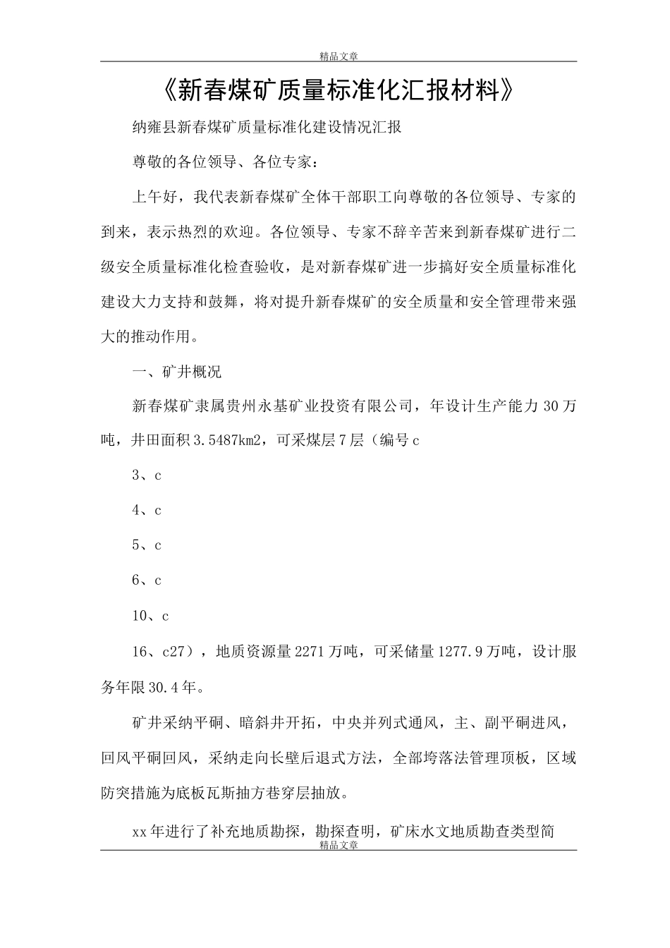 《新春煤矿质量标准化汇报材料》_第1页