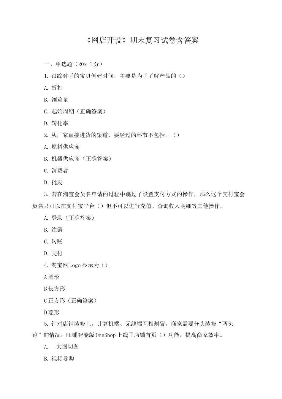 《网店开设》期末复习试卷含答案_第1页