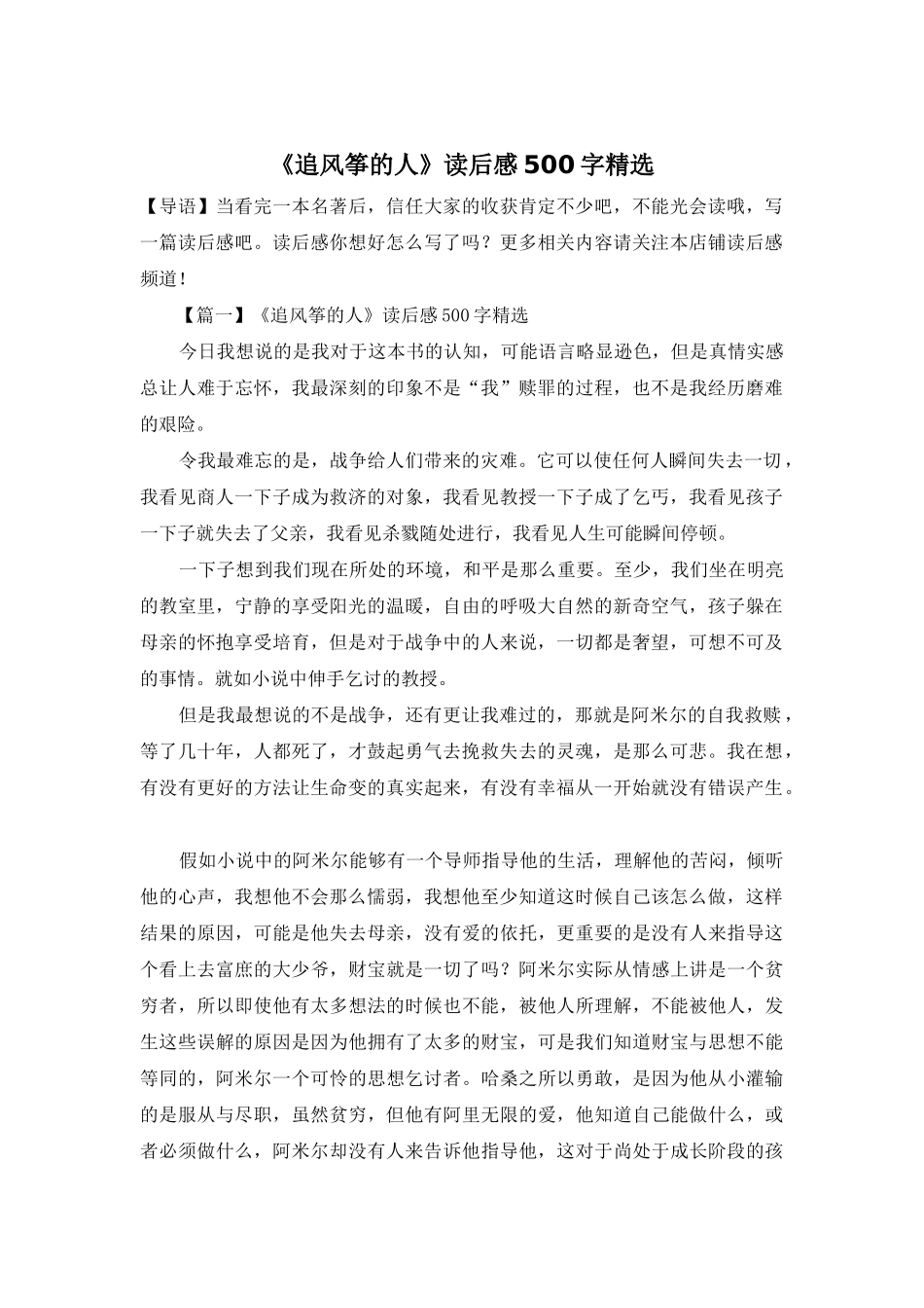 《追风筝的人》读后感500字精选_第1页