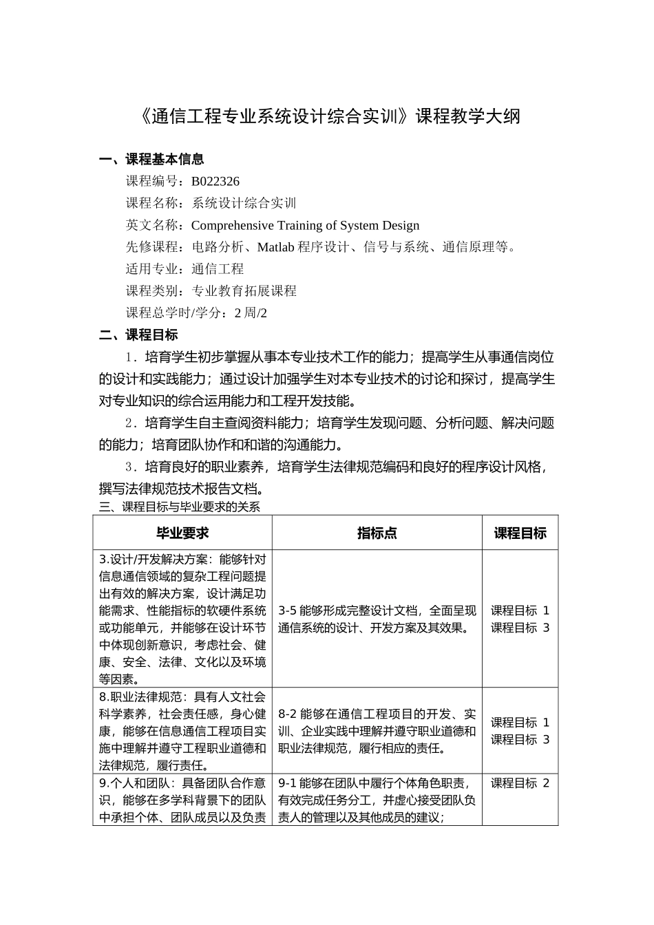 《通信工程专业系统设计综合实训》课程教学大纲_第1页