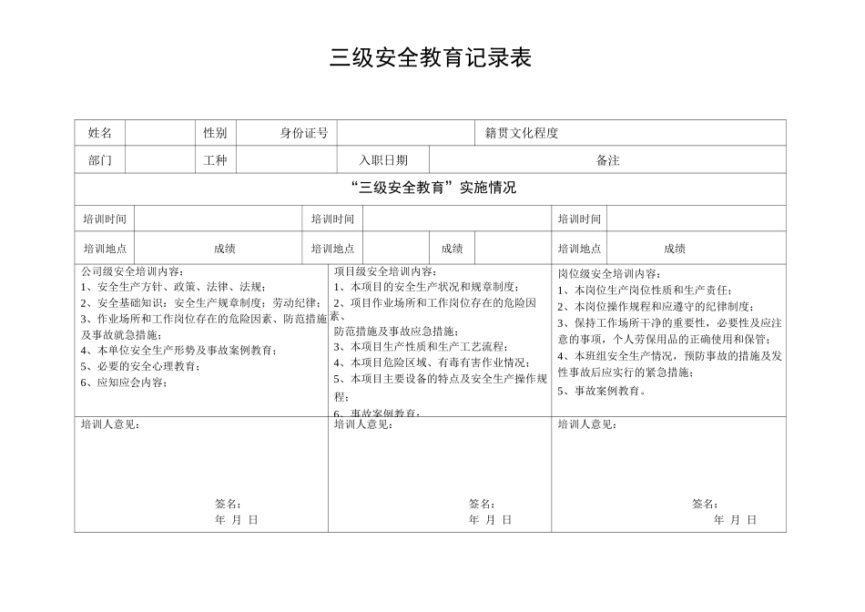 三级安全教育记录表_第1页