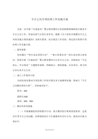不正之风专项治理工作实施方案