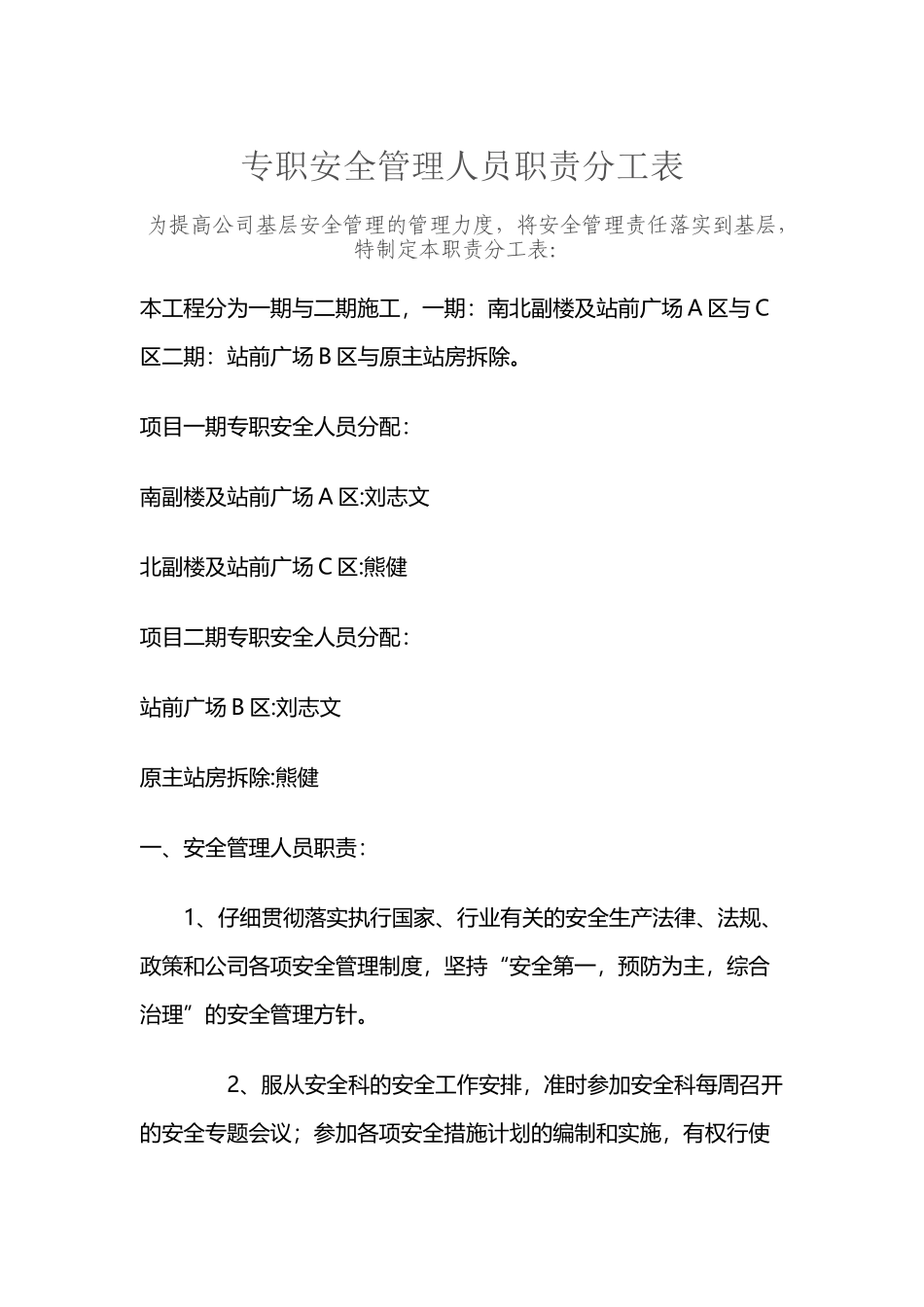 专职安全管理人员职责分工表_第2页