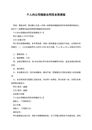 个人向公司借款合同范本简便版