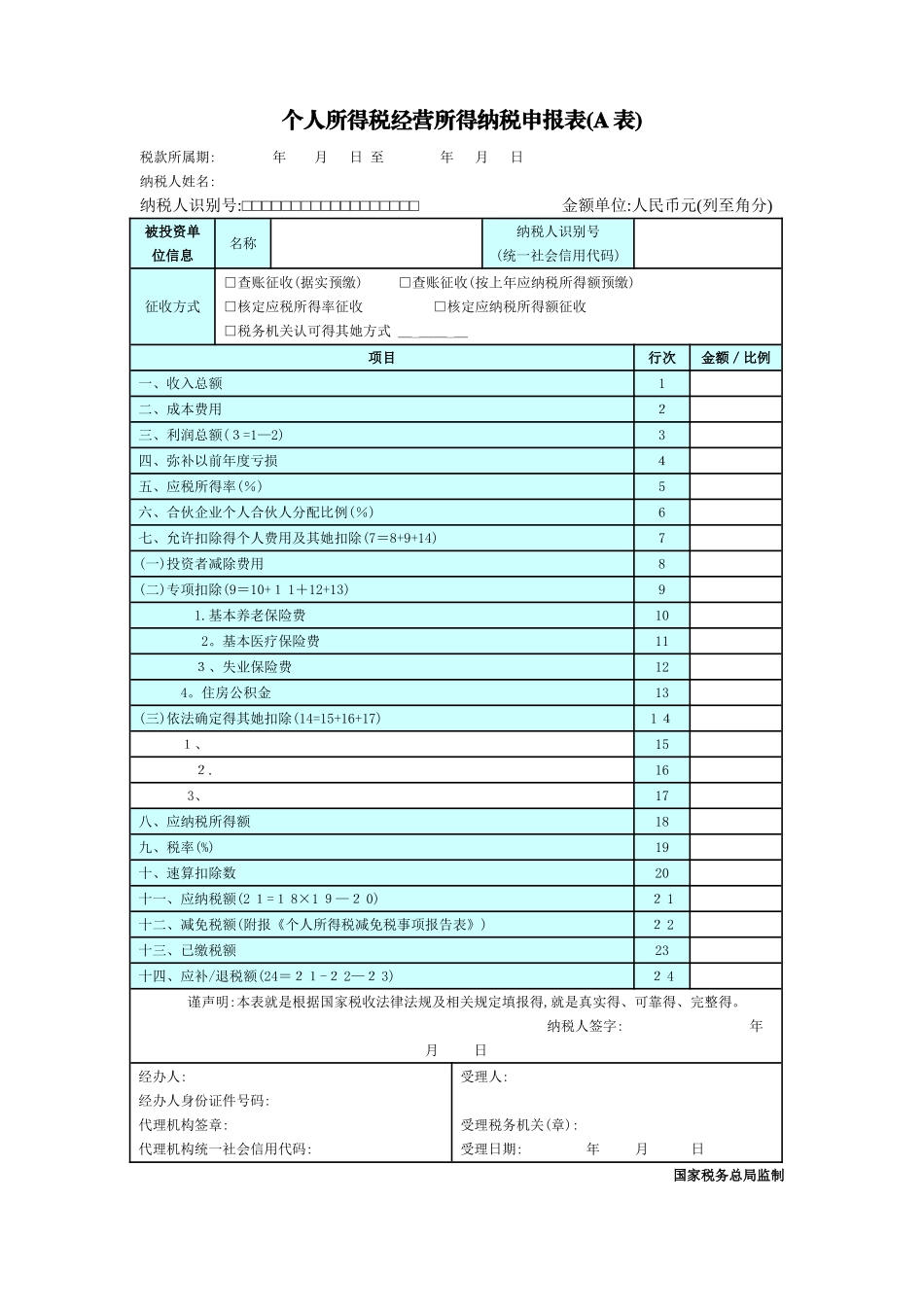 个人所得税经营所得纳税申报表-营业所得税a表_第1页