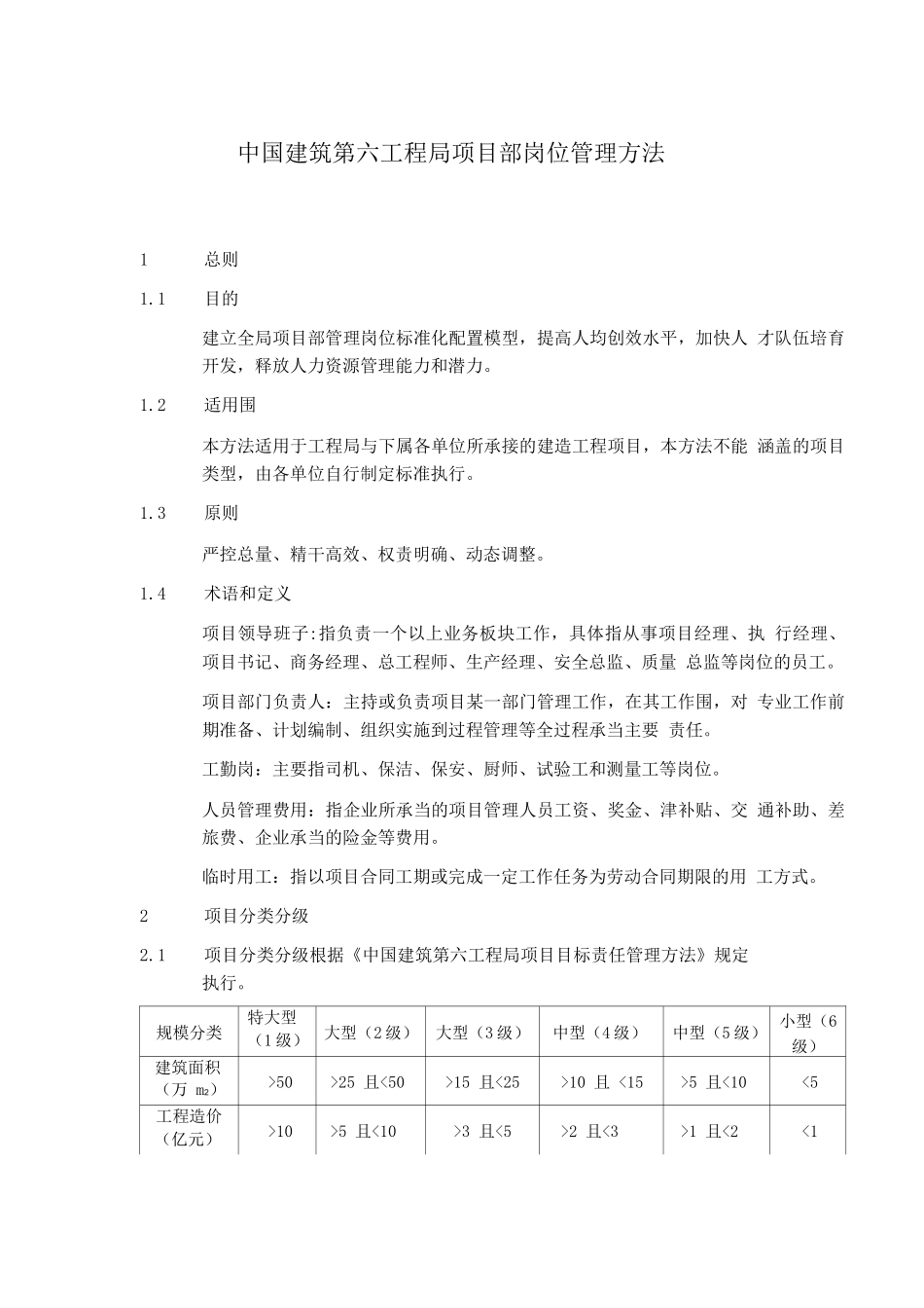 中国建筑第六工程局有限公司项目部岗位管理办法_第1页