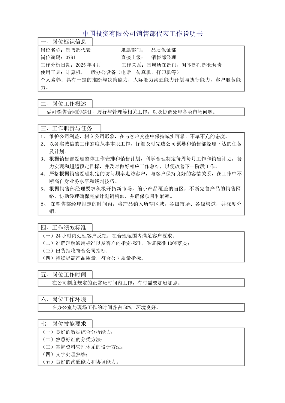 中国投资有限公司销售部代表工作说明书_第1页