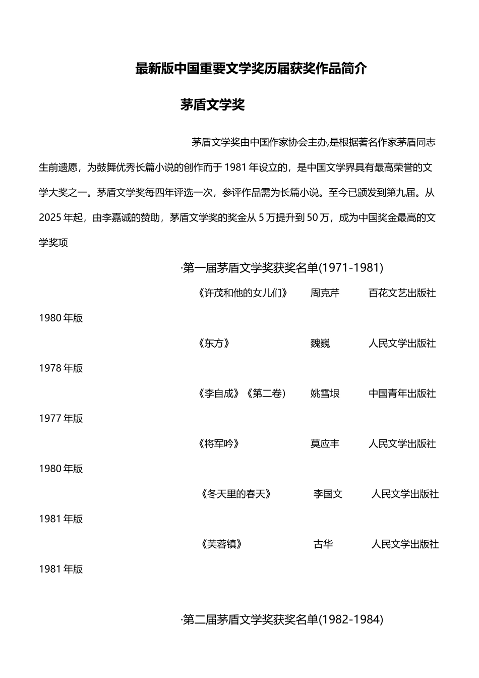 中国重要文学奖历届获奖作品简介_第2页