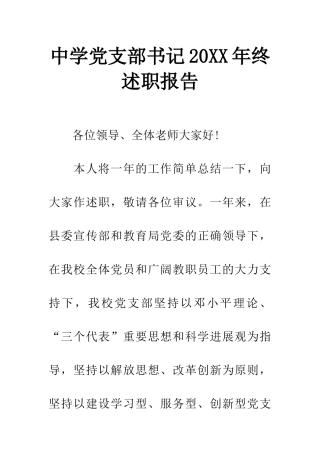中学党支部书记20XX年终述职报告