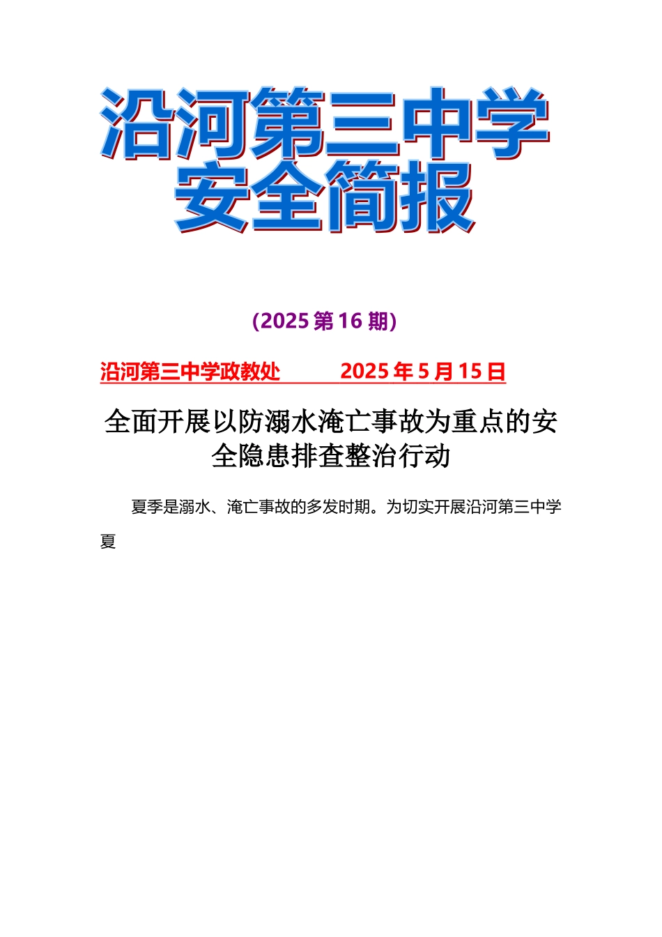 中学水库防溺水安全隐患排查简报_第2页