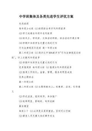 中学班集体及各类先进学生评优方案