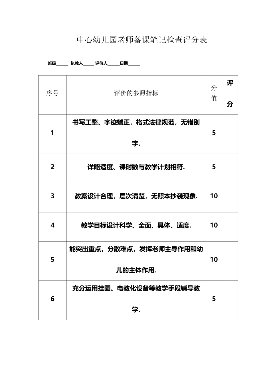 中心幼儿园教师备课笔记检查评分表_第2页