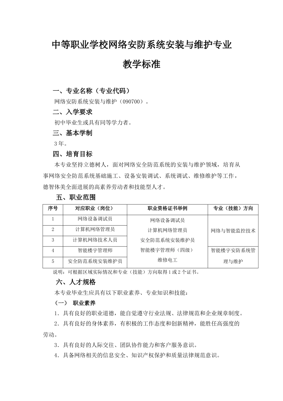 中等职业学校网络安防系统安装与维护专业教学标准._第1页