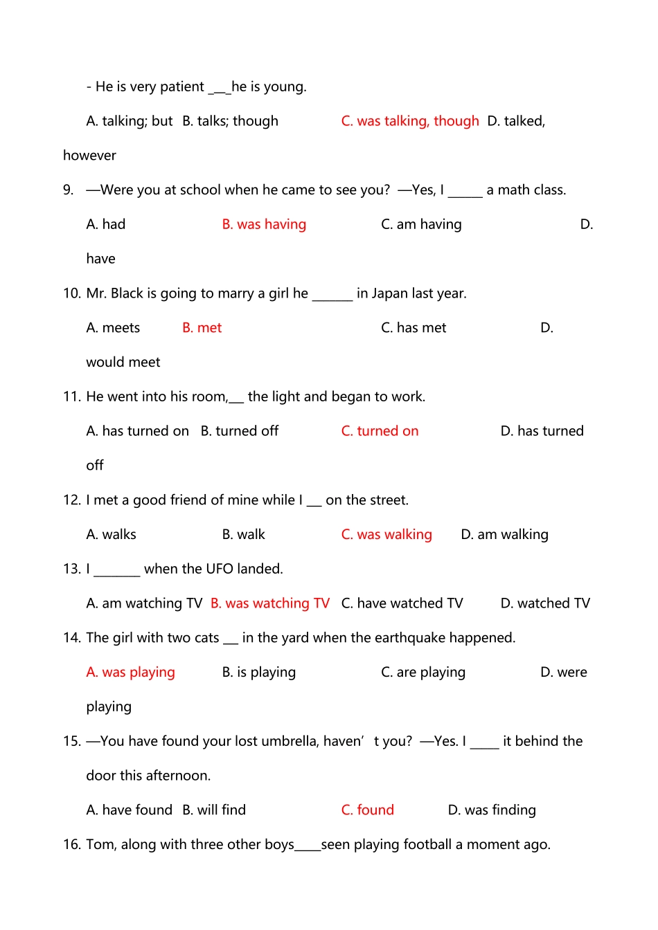 中考英语之一般过去时和过去进行时练习及答案_第3页