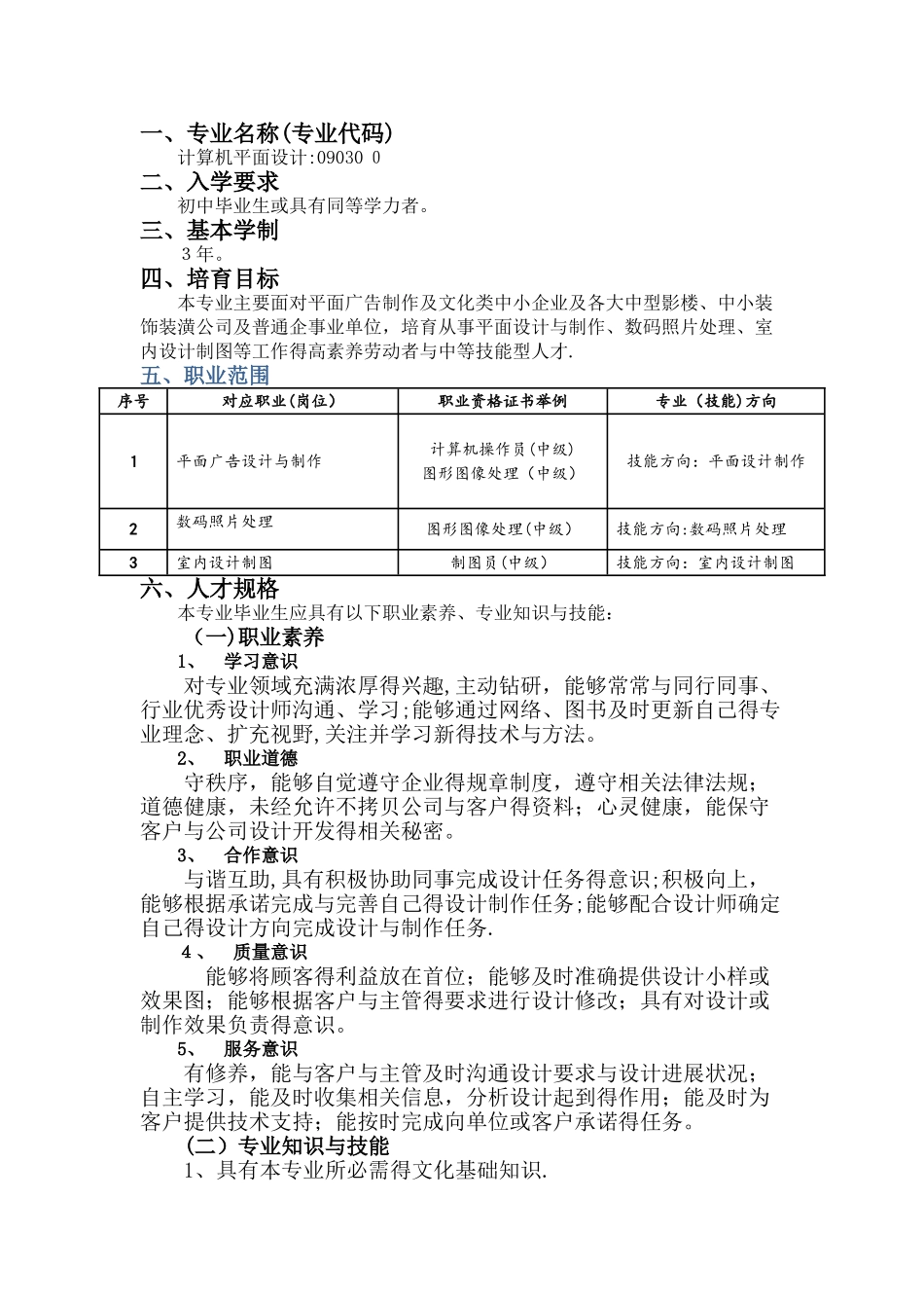 中职《计算机平面设计》专业人才培养方案_第1页