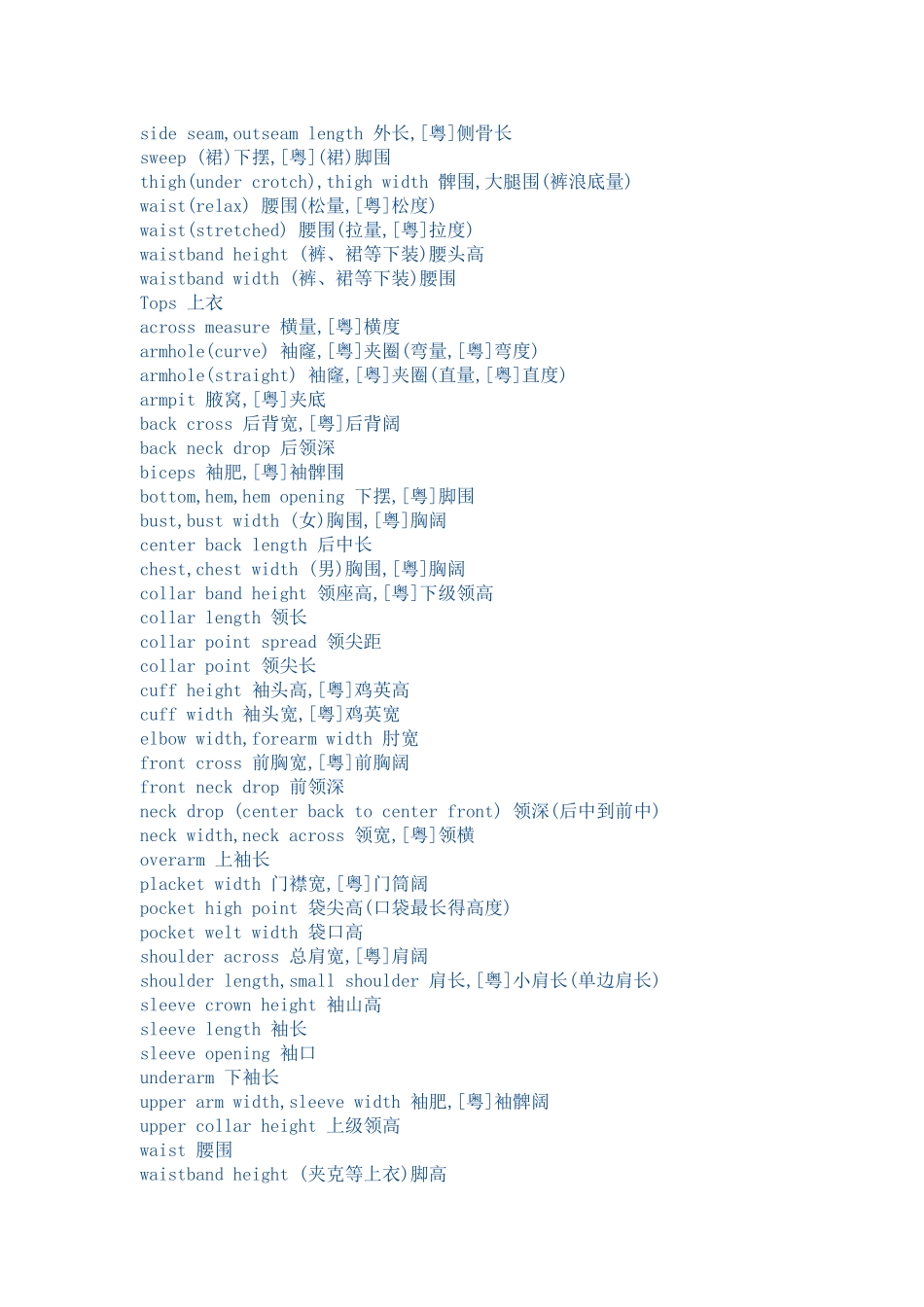 中英文服装尺码表_第2页