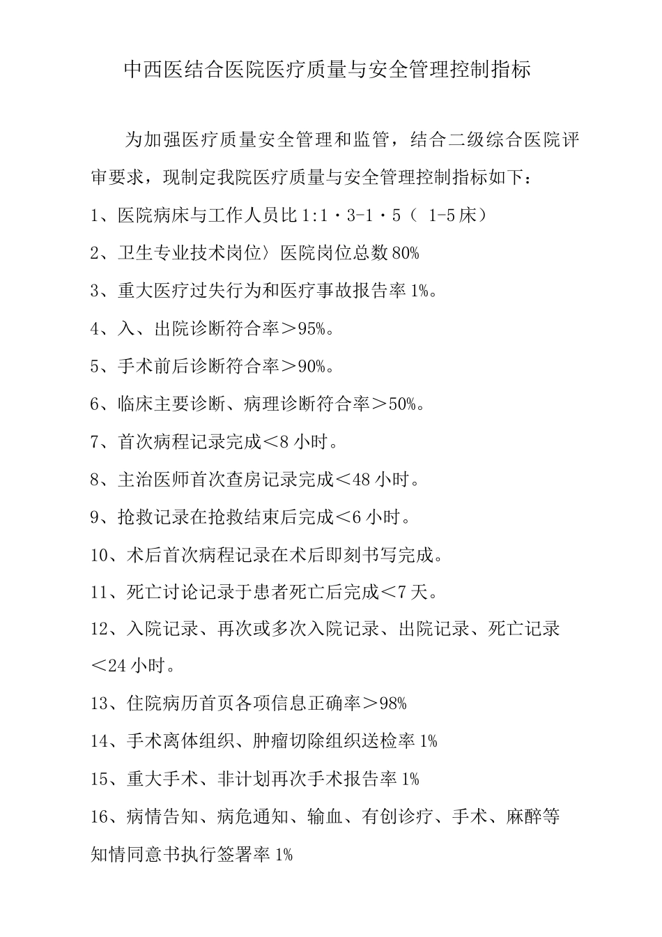 中西医结合医院医疗质量与安全管理控制指标_第1页