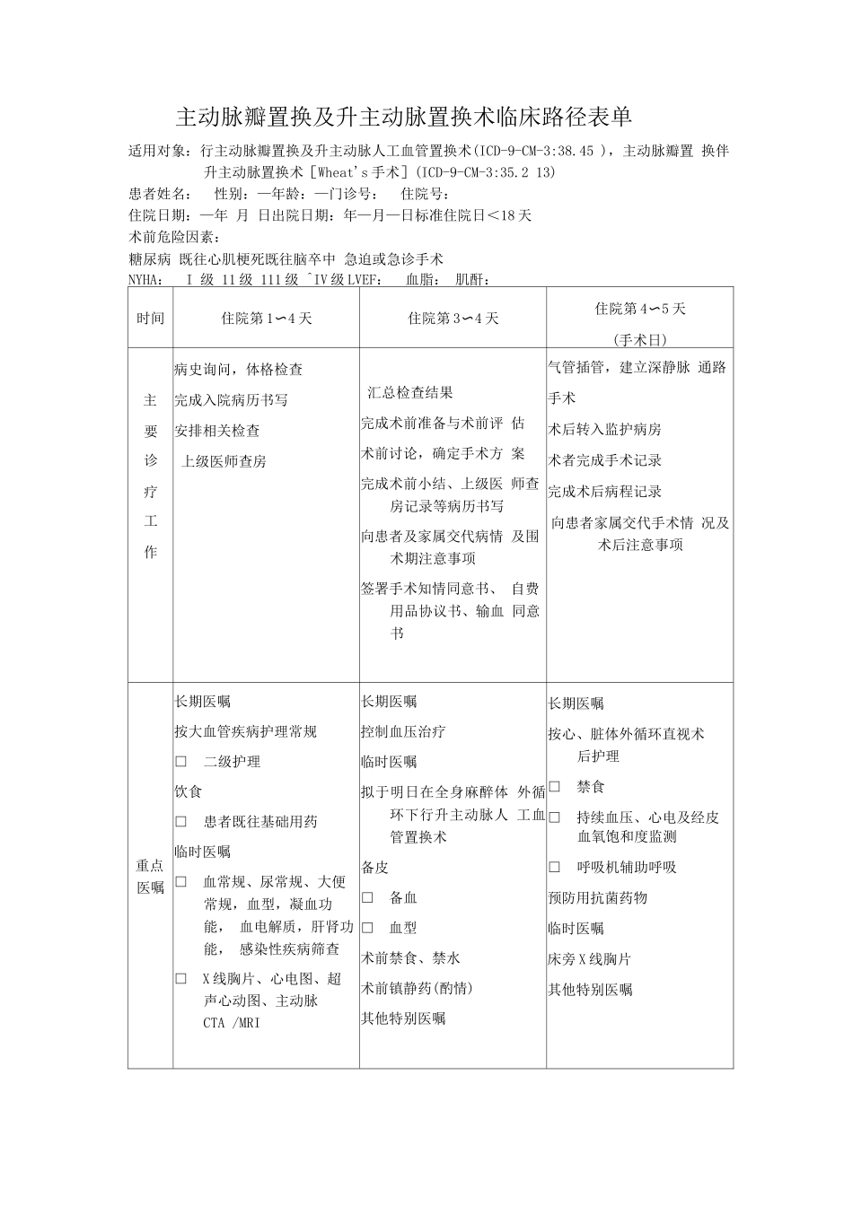 主动脉瓣置换及升主动脉置换术临床路径表单_第1页